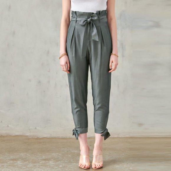 Paperbag Pants With Ankle Tie Detail in Gray Olive - Picture 3 of 8